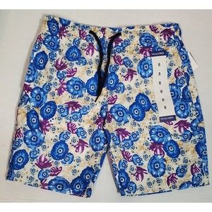 Vintage Express Boys Size 8 Swim Shorts Trunks Blue Purple Floral Elastic Waist